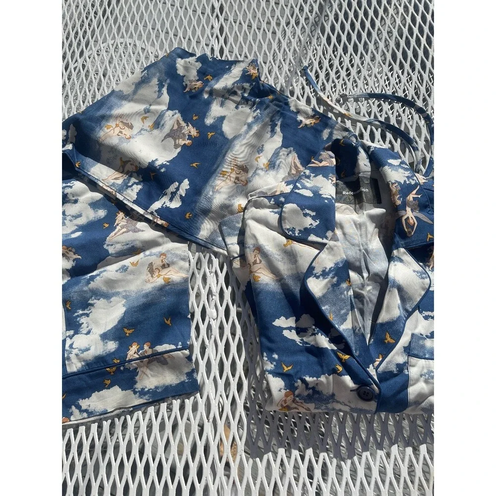 Reformation 2-Piece Pajama Set NWOT angel clouds blue XS